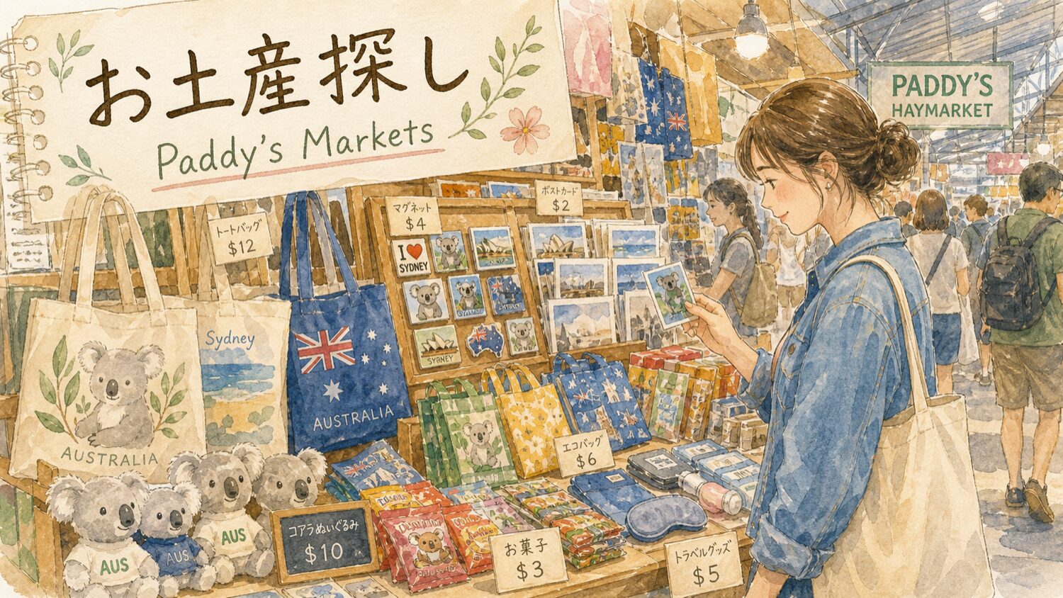 Paddy's Marketsでトートバッグやマグネットなどのお土産を探す水彩タッチのイメージ
