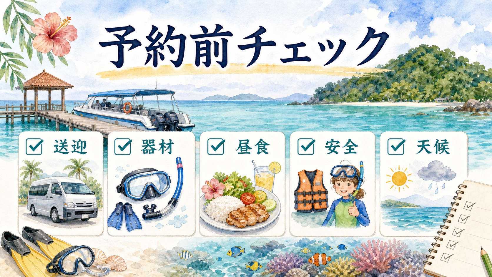 パヤ島シュノーケリングの送迎 器材 昼食 安全 天候を確認する水彩図解