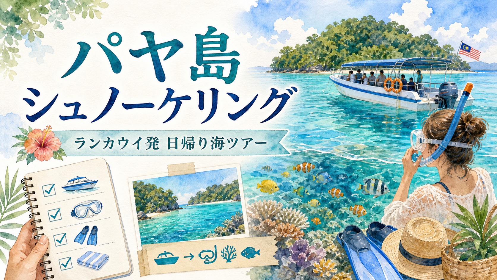 ランカウイ発パヤ島シュノーケリングの日帰り海ツアーを描いた水彩アイキャッチ