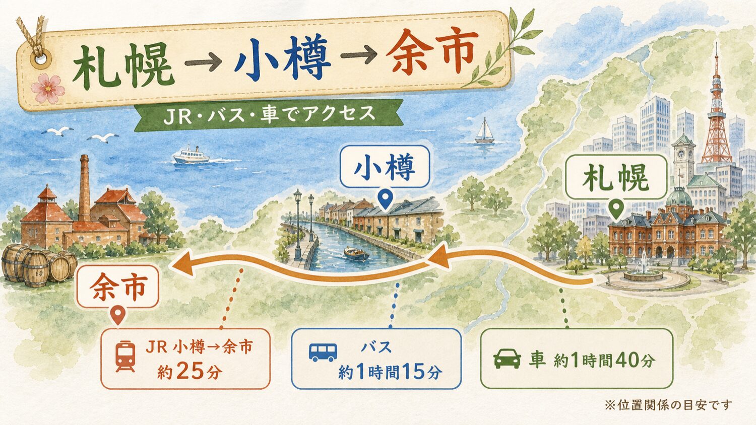 札幌から小樽を経由して余市へ向かう位置関係とJR、バス、車でのアクセスを示した水彩マップ