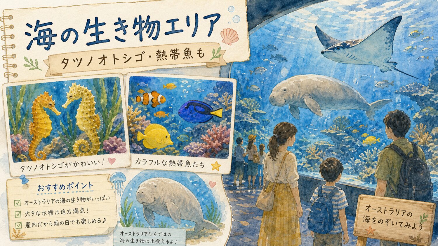 SEA LIFEシドニー水族館でタツノオトシゴや熱帯魚を見る水彩タッチのイメージ