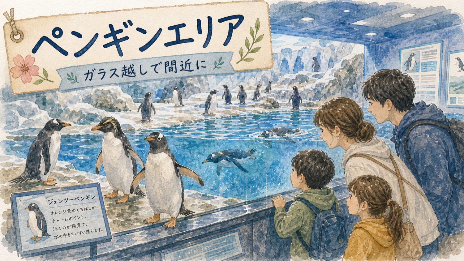 SEA LIFEシドニー水族館のペンギンエリアを水彩タッチで描いたイメージ