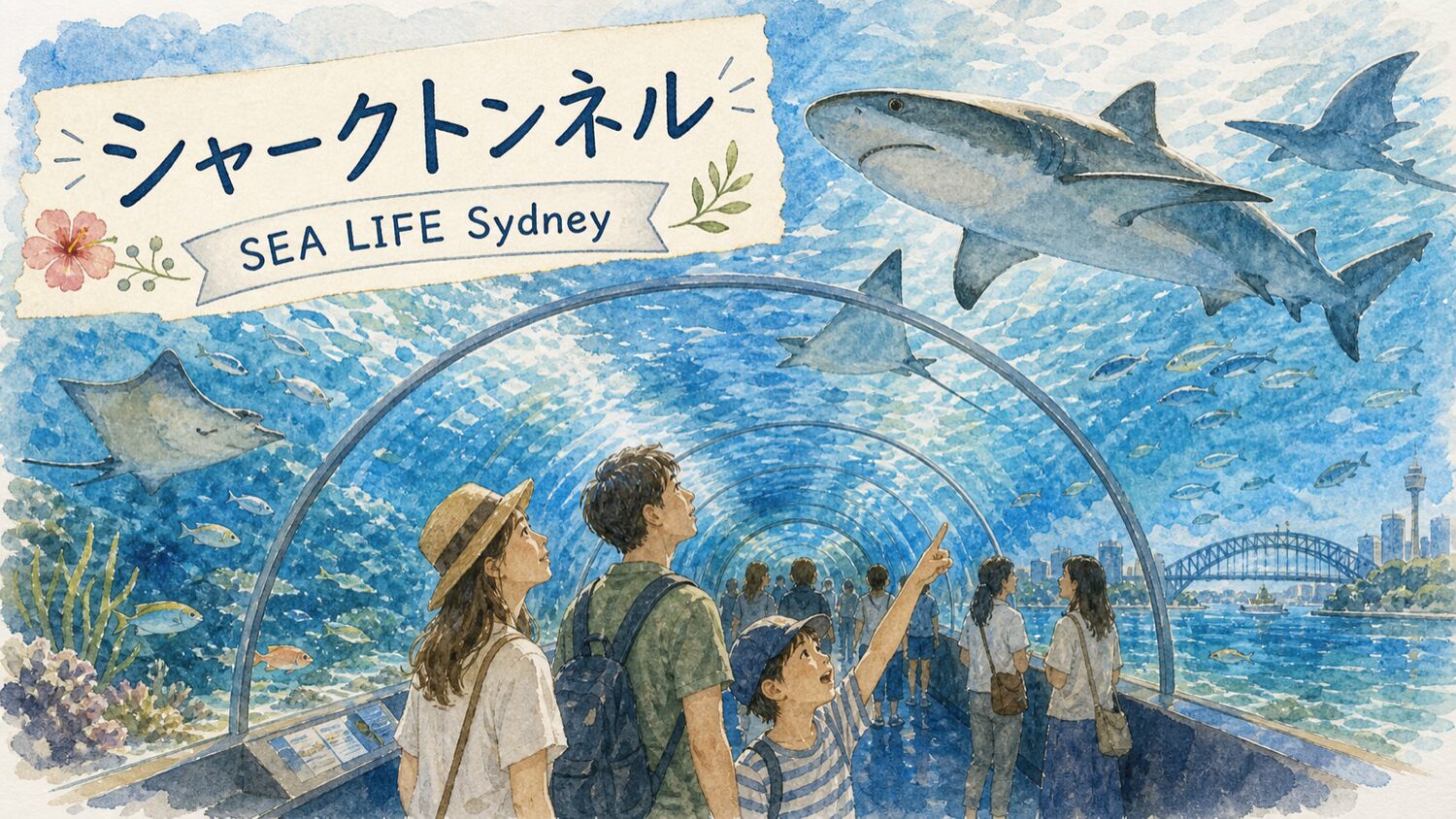 SEA LIFEシドニー水族館のシャークトンネルを水彩タッチで描いたイメージ
