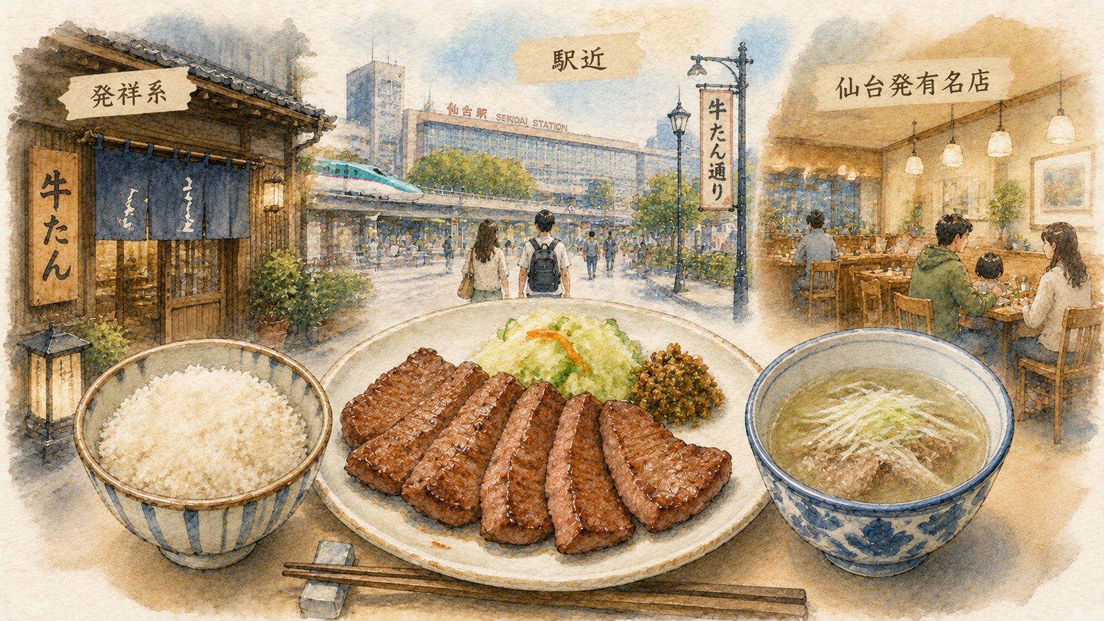 仙台牛たん有名店の選び方を発祥系、駅近、仙台発有名店で比較する水彩イメージ