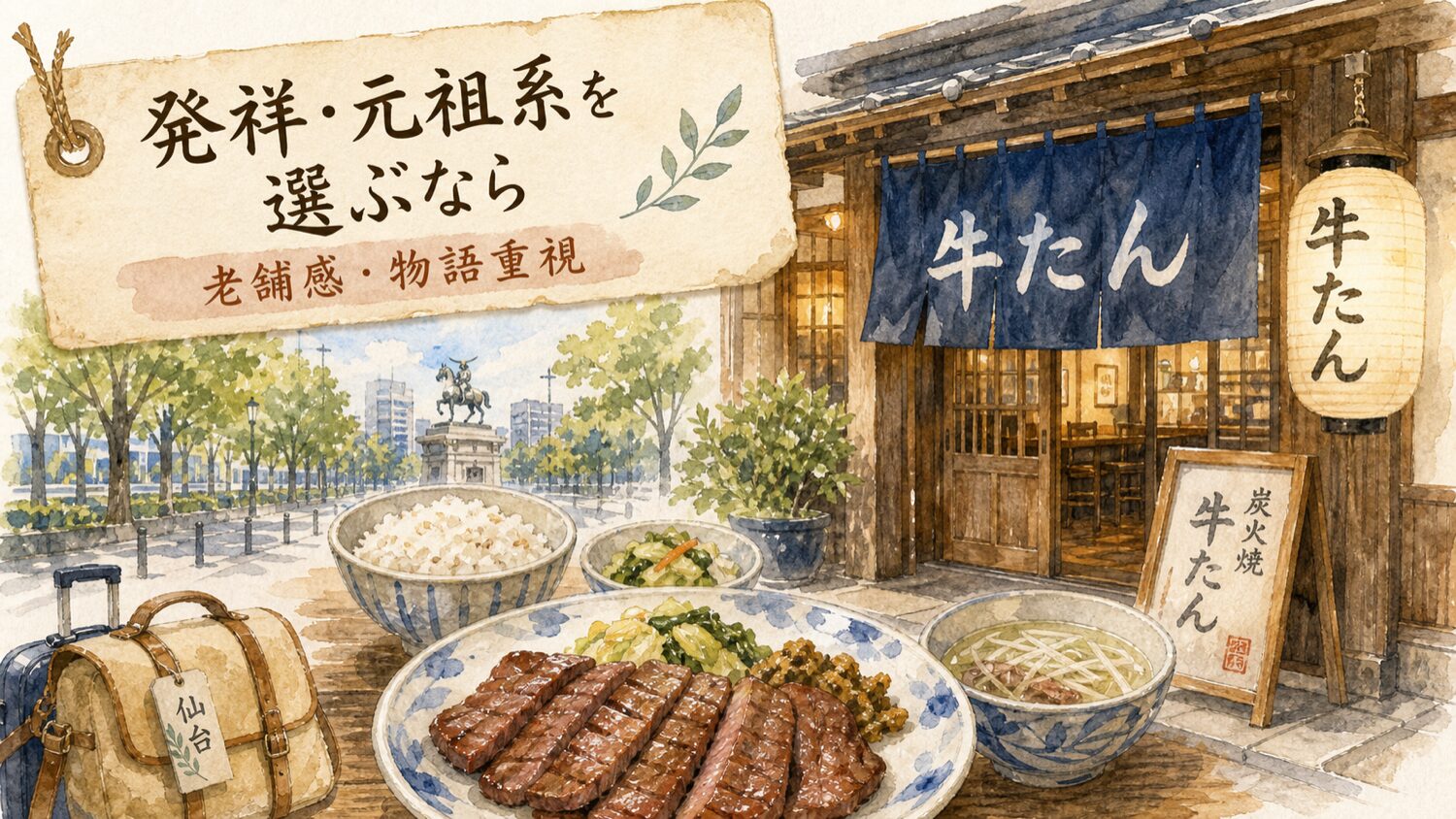 仙台牛たんの発祥・元祖系をイメージした老舗店と牛たん定食の水彩イラスト