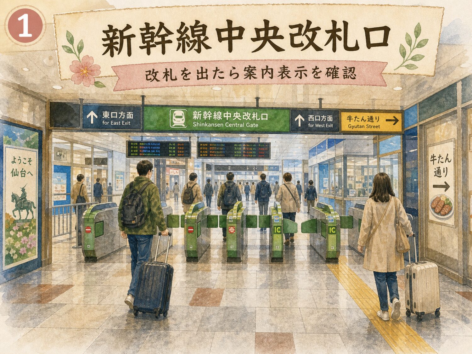 仙台駅新幹線中央改札口を出て牛たん通りの案内表示を確認する水彩イメージ