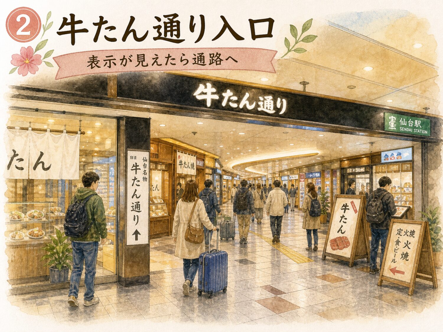 仙台駅構内で牛たん通り入口の表示を見つけて通路へ進む水彩イメージ