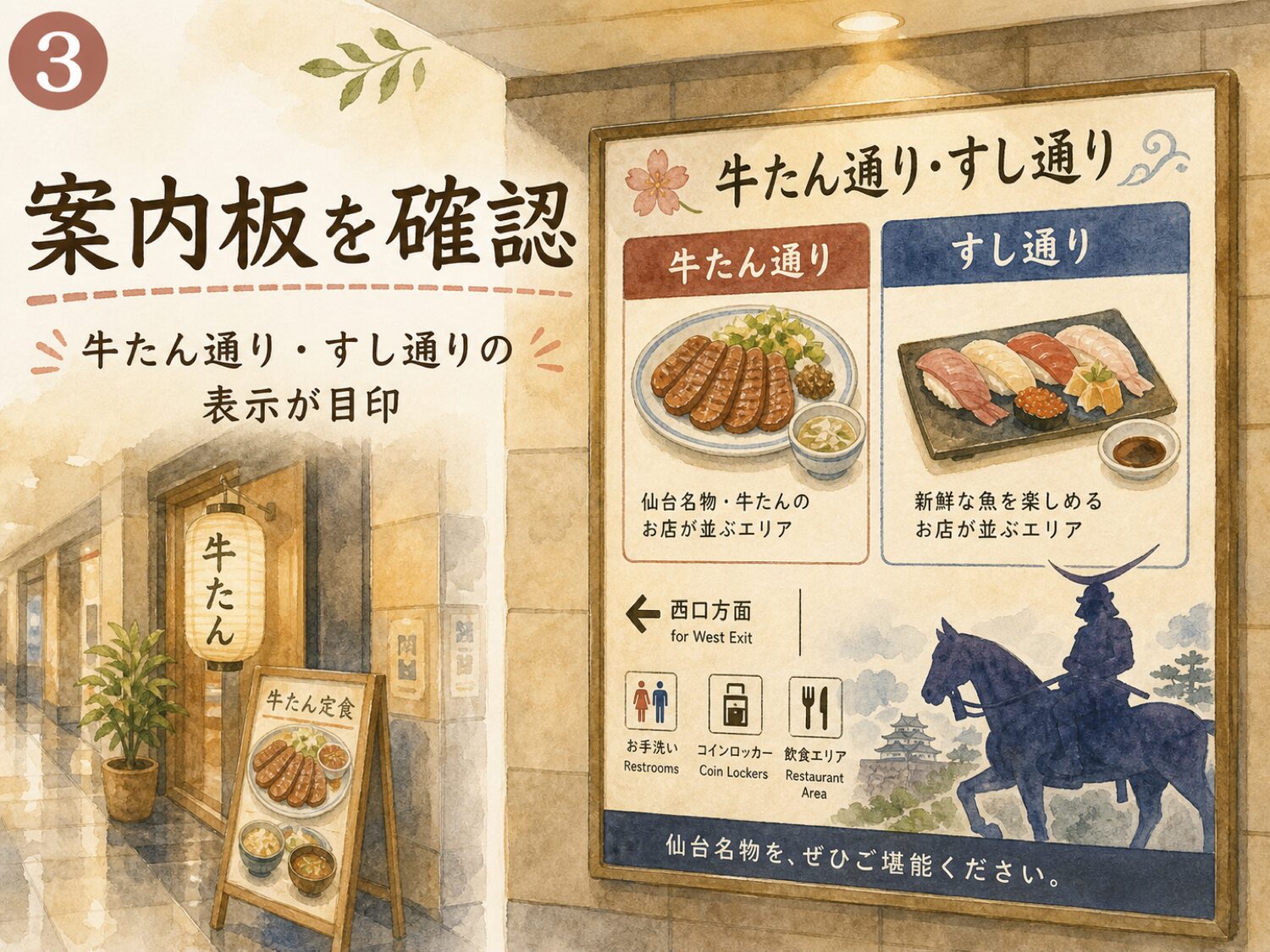 仙台駅の牛たん通りとすし通りの案内板を確認する水彩イメージ