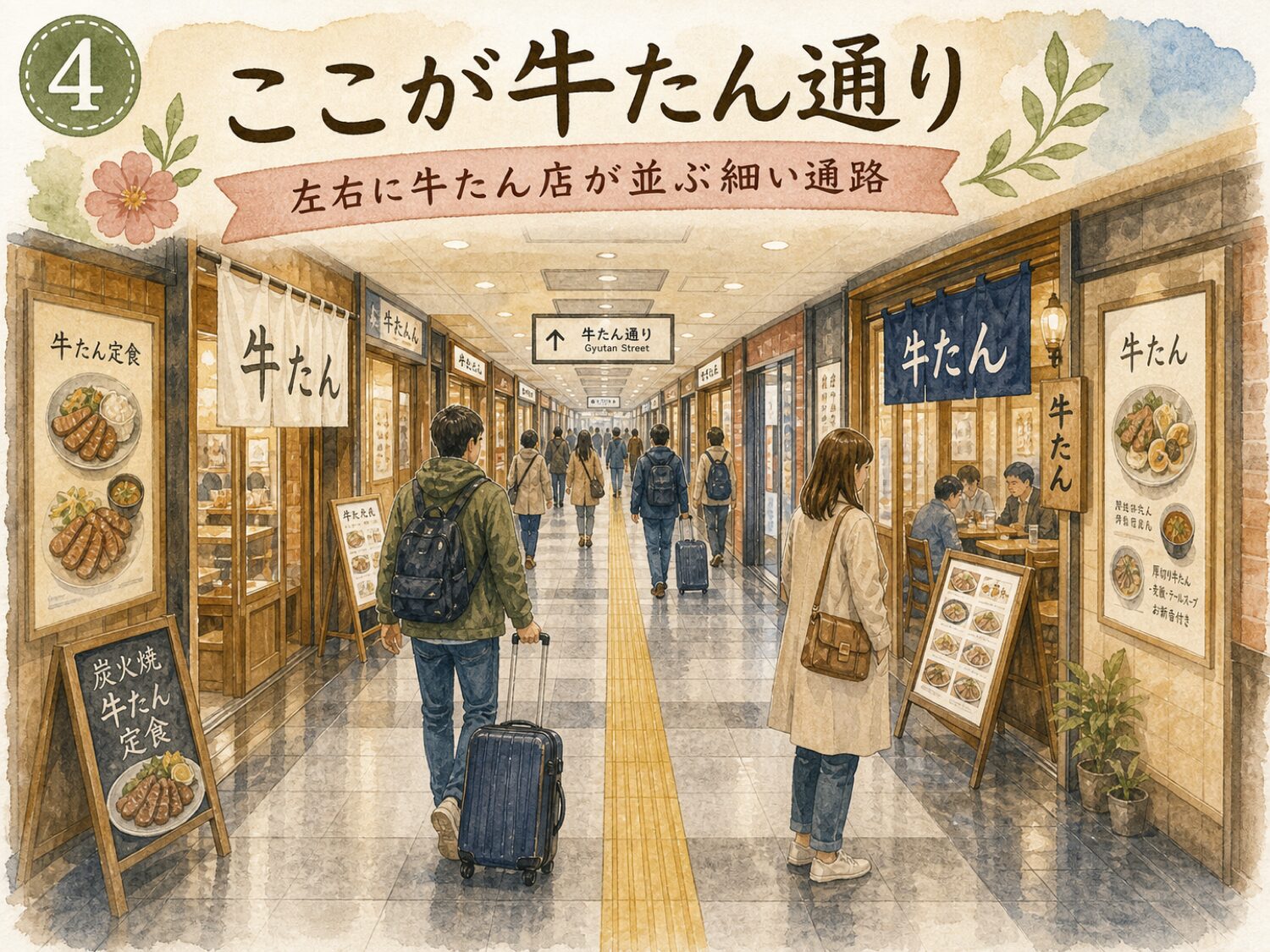 仙台駅牛たん通りの細い通路に牛たん店が左右に並ぶ水彩イメージ