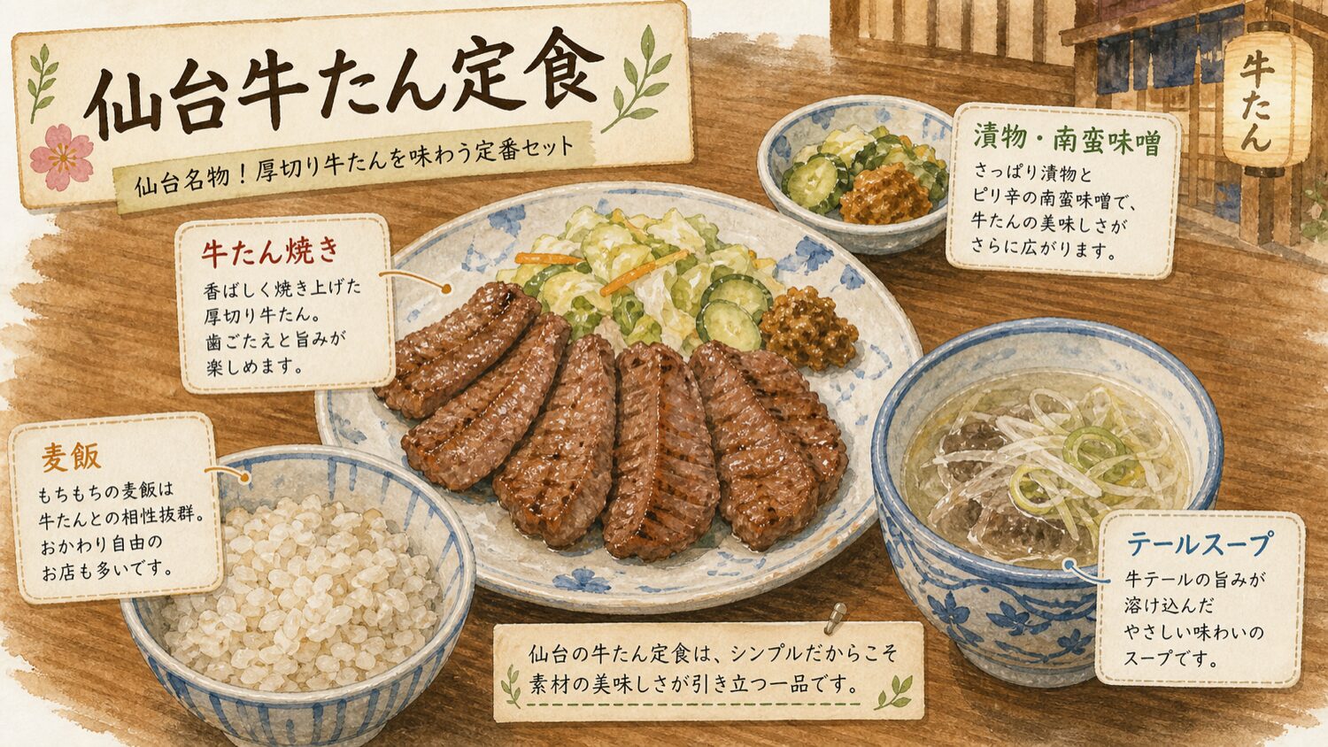 仙台牛たん定食の牛たん焼き 麦飯 テールスープ 漬物 南蛮味噌を水彩タッチで描いた図解