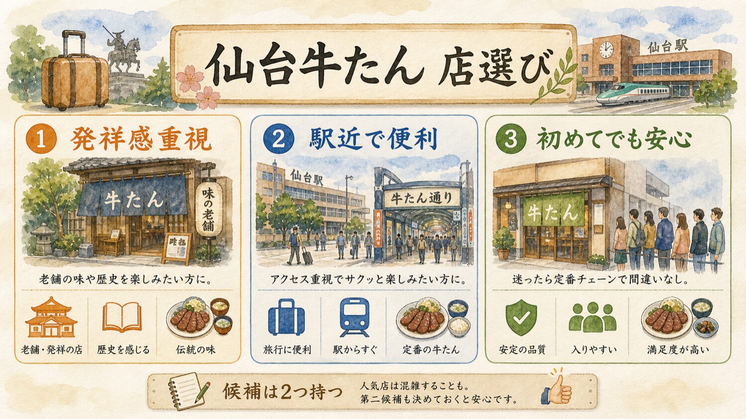 仙台牛たんの店選びを発祥感重視、駅近で便利、初めてでも安心の3軸で示した水彩イラスト