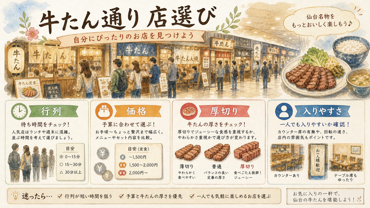 仙台駅牛たん通りで行列 価格 厚切り 入りやすさを比べて店を選ぶ水彩タッチの図解