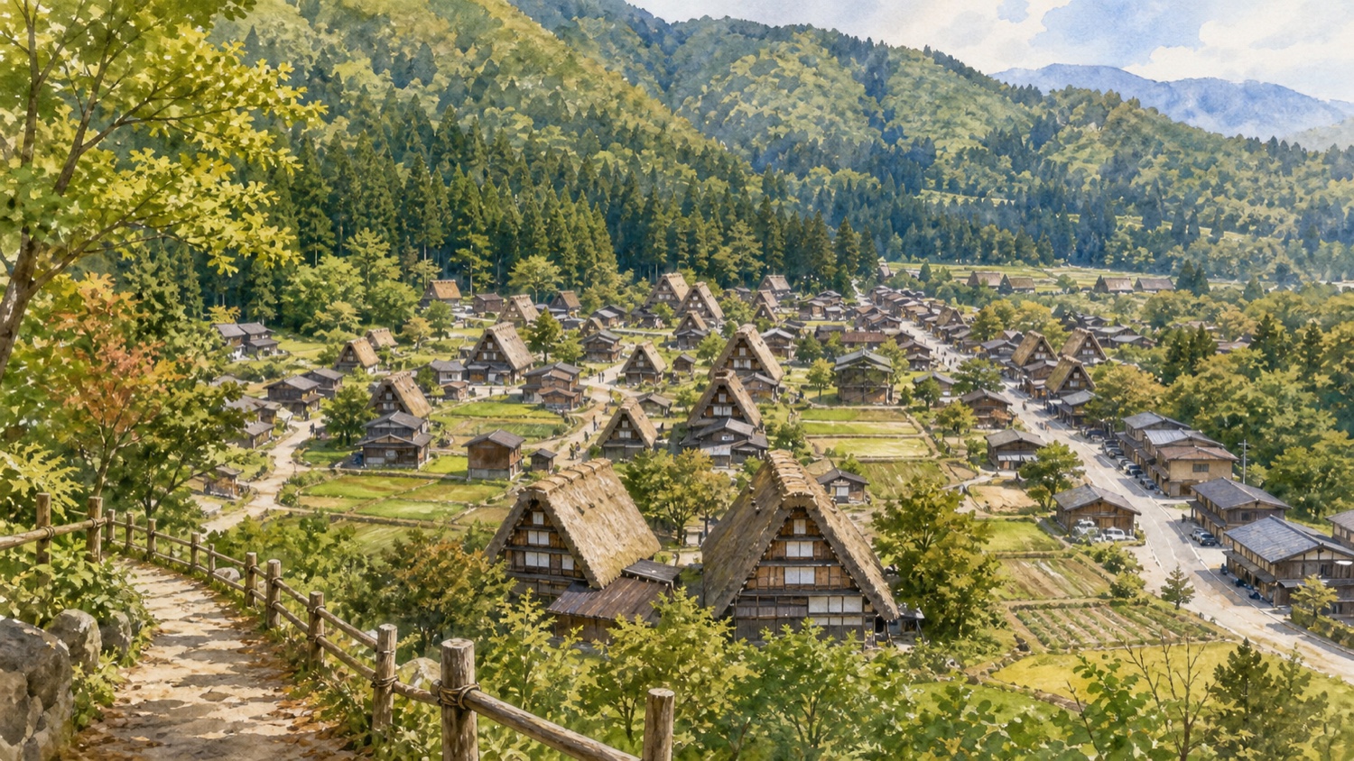 白川郷の展望台から合掌造り集落を見下ろす旅行イメージ
