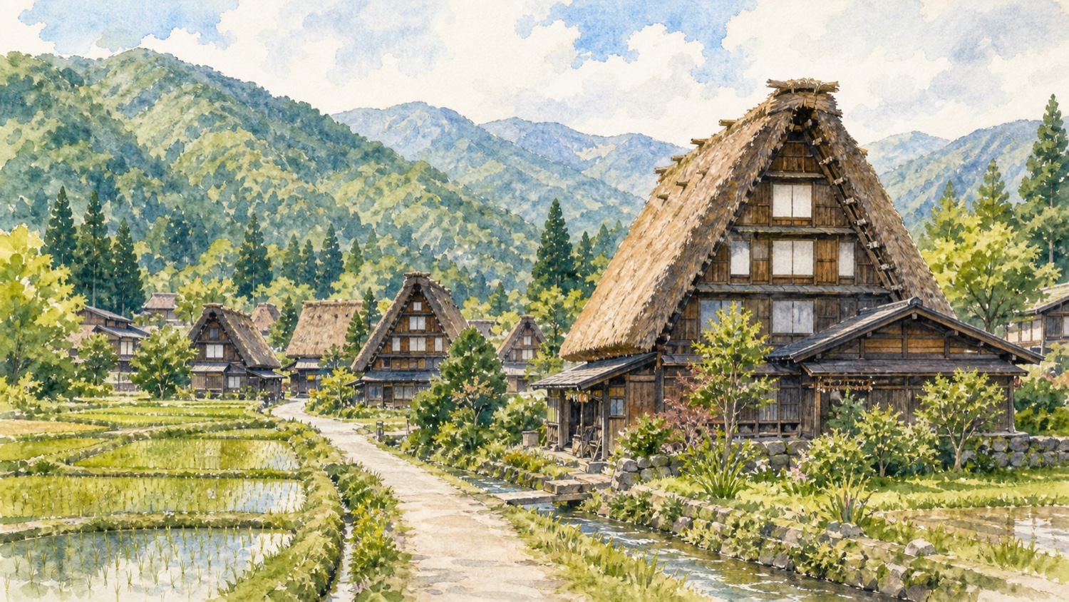 白川郷の合掌造り集落を歩く旅行イメージ