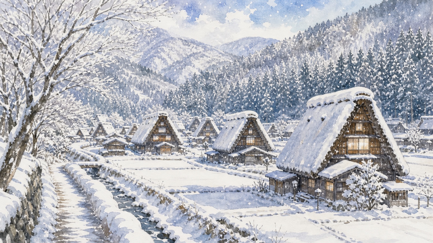 雪に包まれた冬の白川郷と合掌造り集落の旅行イメージ