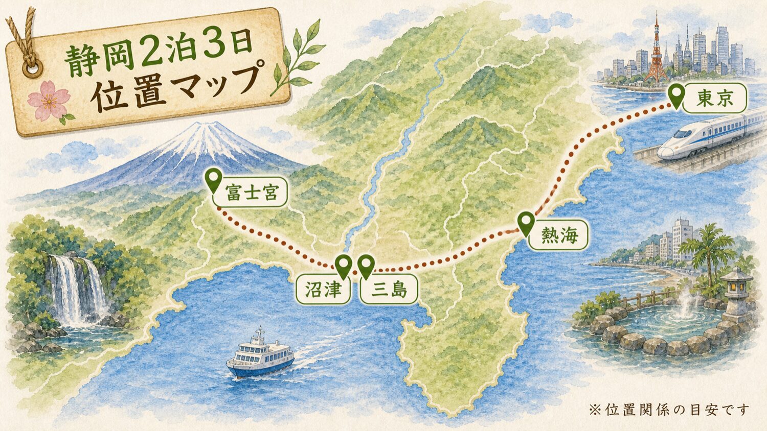 東京から熱海 富士宮 沼津 三島をめぐる静岡2泊3日の位置関係を示した水彩マップ 沼津は駿河湾側 三島は内陸側
