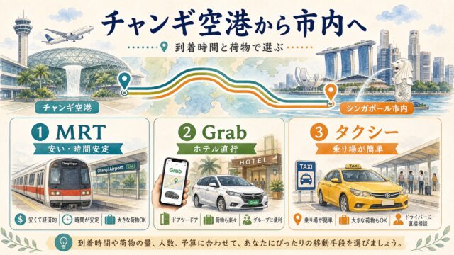 チャンギ空港から市内へMRT Grab タクシーで移動する方法を比較した水彩図解