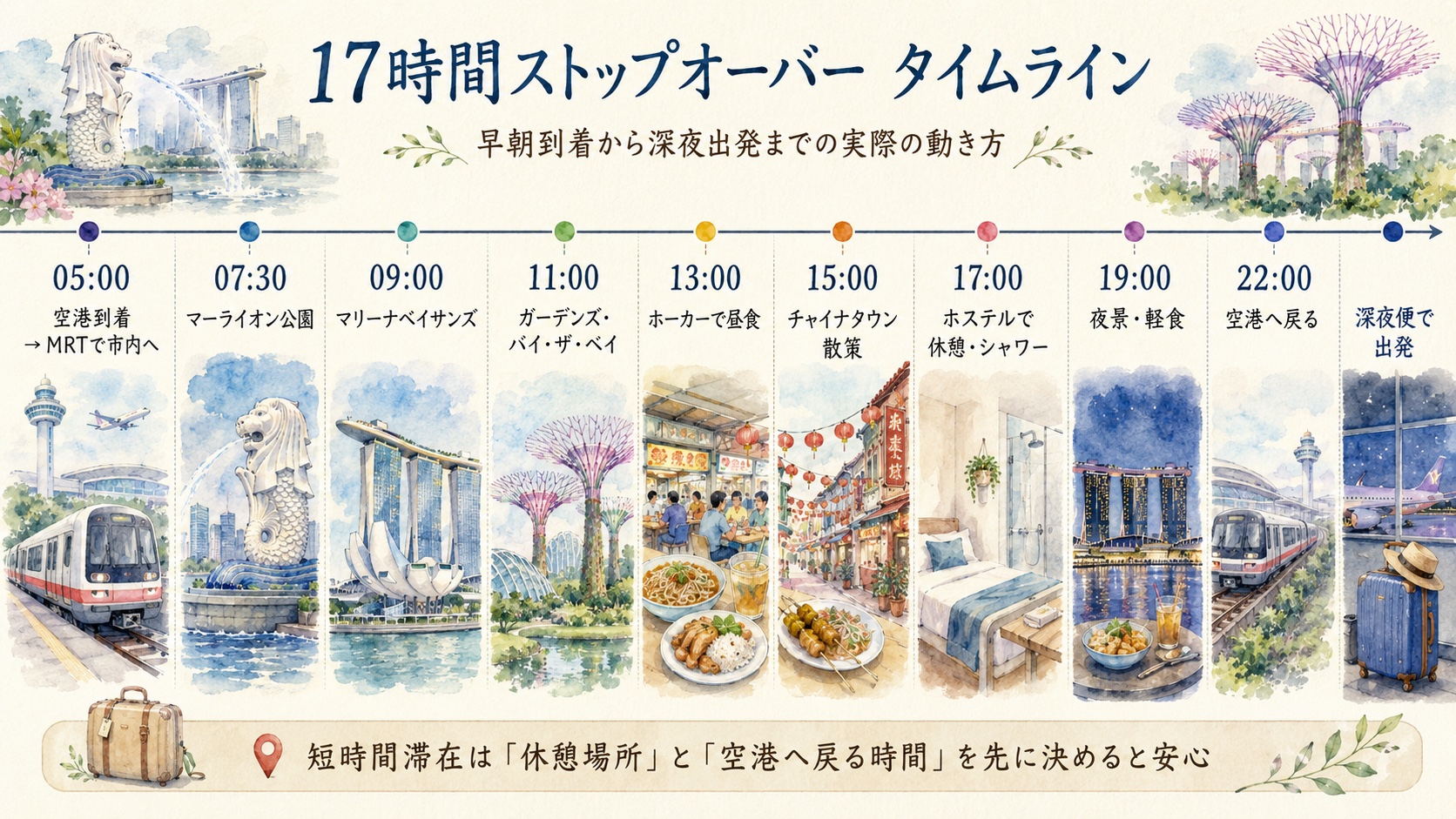 シンガポール17時間ストップオーバーのタイムラインを水彩で示した図解