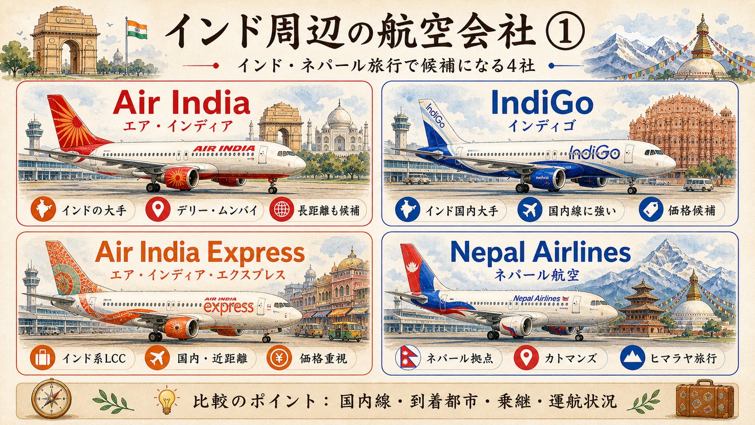 インドやネパール旅行で候補になる航空会社を比較したイメージ図