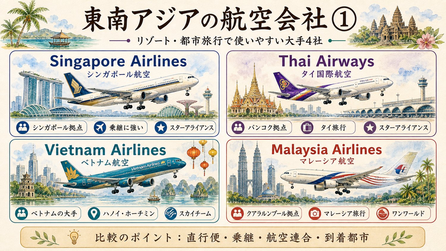 東南アジアの大手航空会社を比較したイメージ図
