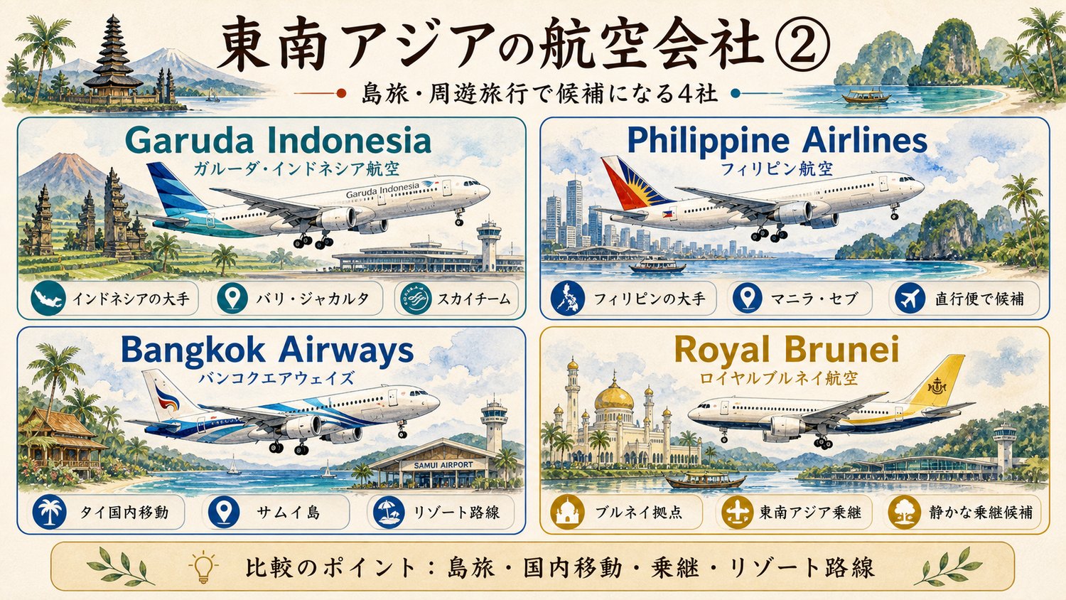 東南アジアの島旅や周遊旅行で候補になる航空会社を比較したイメージ図