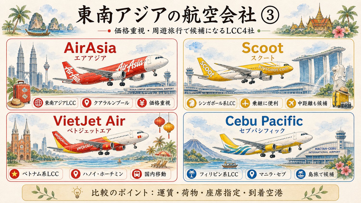 東南アジアのLCCを比較したイメージ図