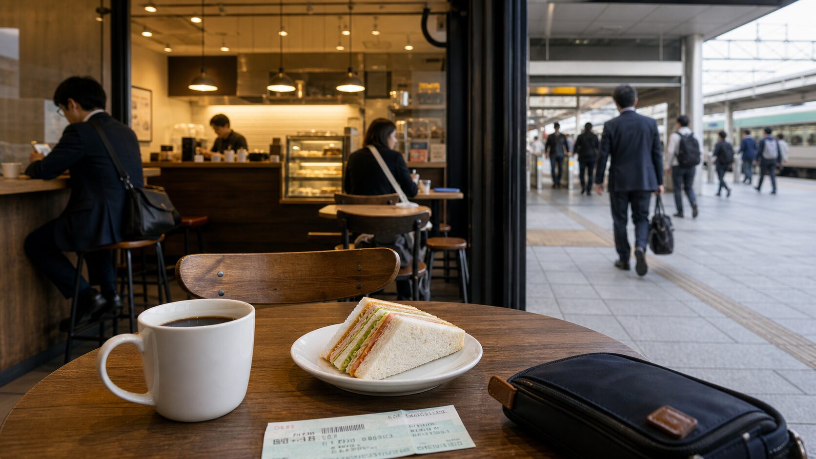 駅前で出発前に寄りやすいカフェの雰囲気を表したイメージ画像