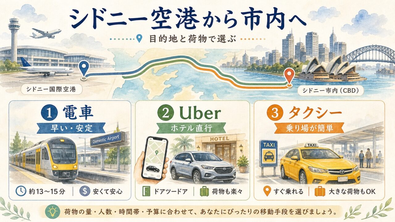 シドニー空港から市内へ電車 Uber タクシーで移動する方法を比較した水彩図解