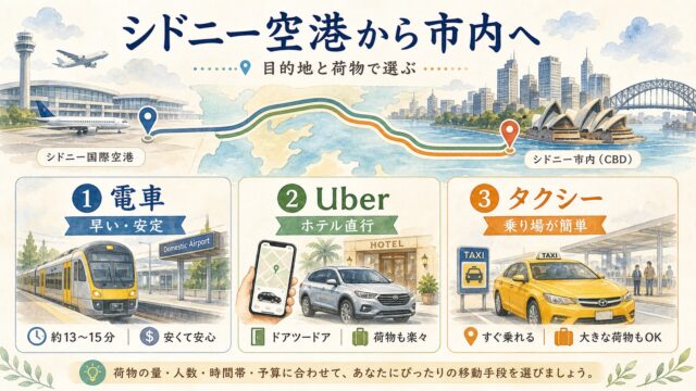 シドニー空港から市内へ電車 Uber タクシーで移動する方法を比較した水彩図解