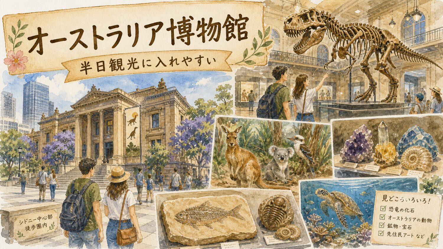 シドニーのオーストラリア博物館で自然史展示を見る水彩タッチのイメージ