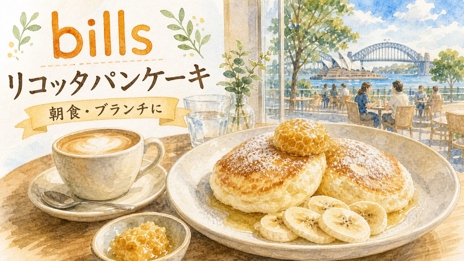 シドニーのbillsでリコッタパンケーキと朝食を楽しむ水彩タッチのイメージ