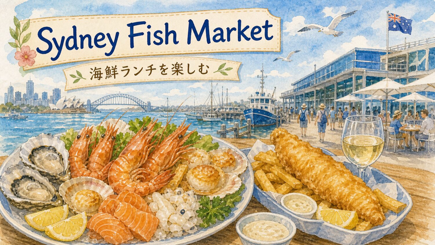 シドニーフィッシュマーケットで海鮮ランチを楽しむ水彩タッチのイメージ