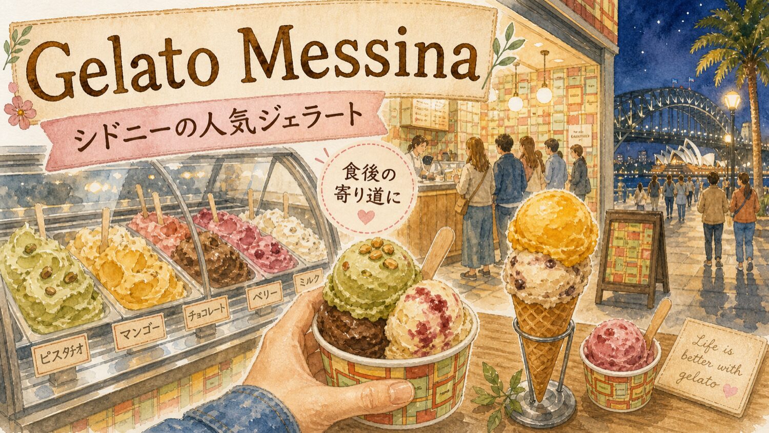 シドニーのGelato Messinaでジェラートを選ぶ水彩タッチのイメージ