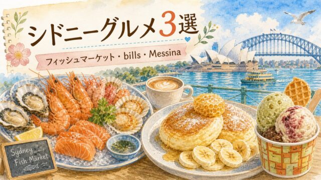シドニーグルメ3選 フィッシュマーケット bills Messinaを水彩タッチでまとめたアイキャッチ