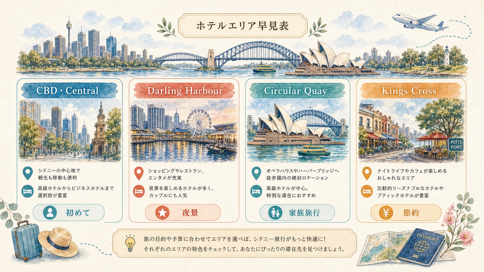 シドニーのCBD Central Darling Harbour Circular Quay Kings Crossのホテルエリア早見表 見切れ対策版
