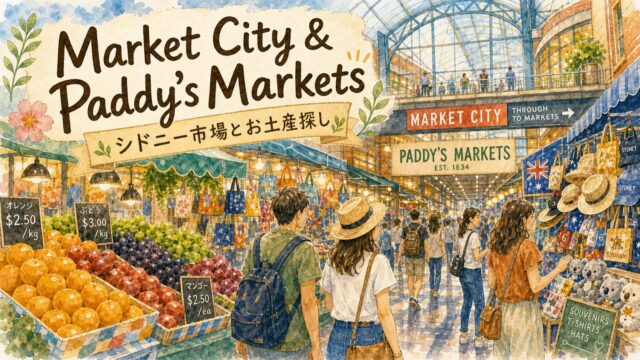 Market CityとPaddy's Marketsで市場とお土産探しをする水彩タッチのアイキャッチ