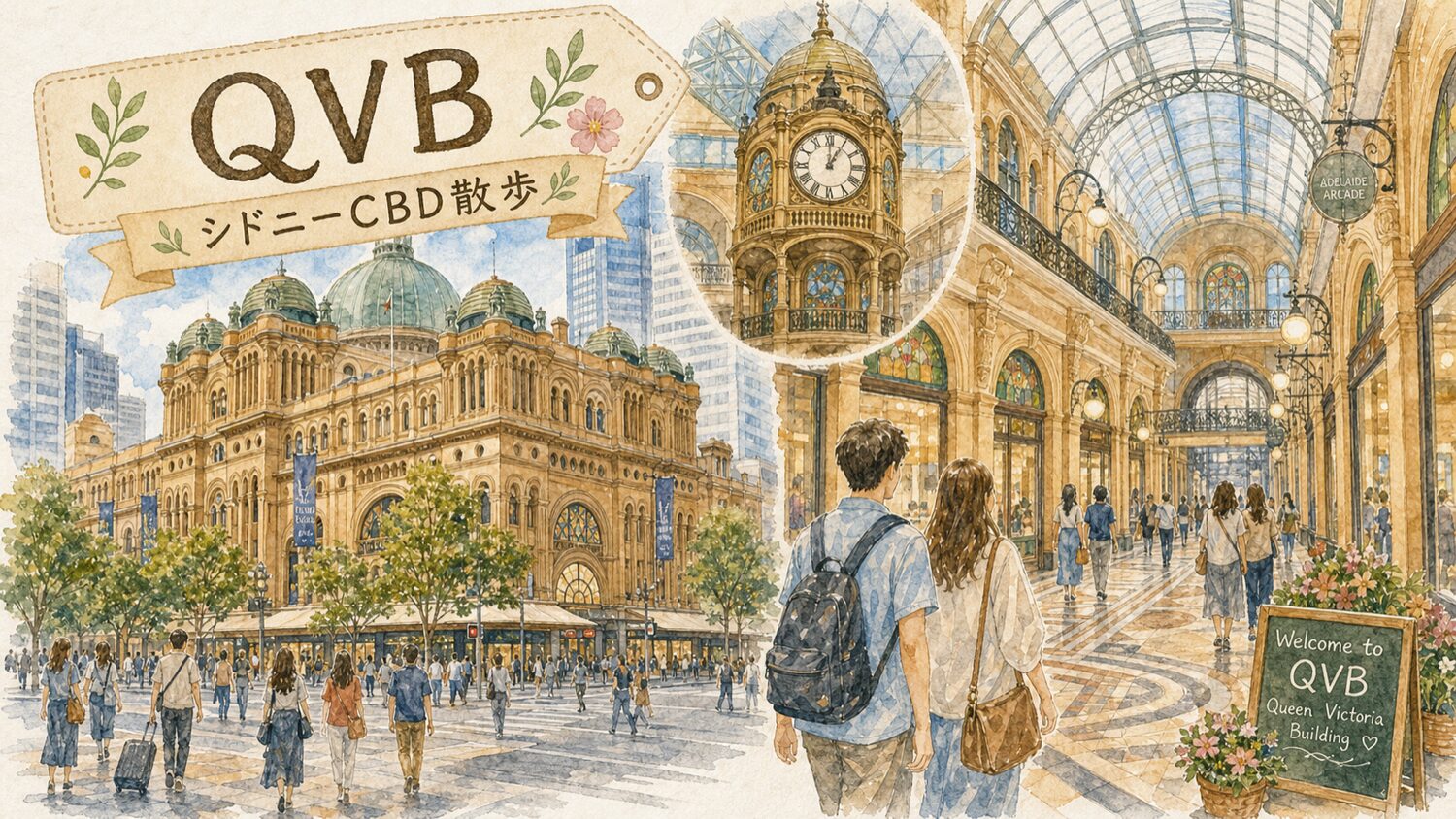 シドニーCBDのクイーンビクトリアビルディングを水彩タッチで描いたイメージ