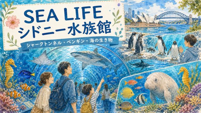 SEA LIFEシドニー水族館 シャークトンネル ペンギン 海の生き物を水彩タッチでまとめたアイキャッチ