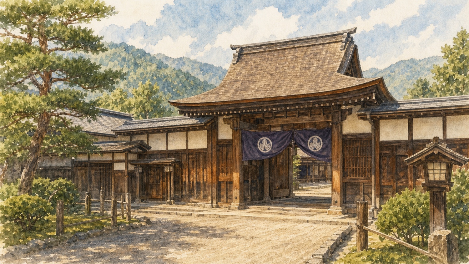 高山陣屋の門と歴史ある建物を訪れる旅行イメージ