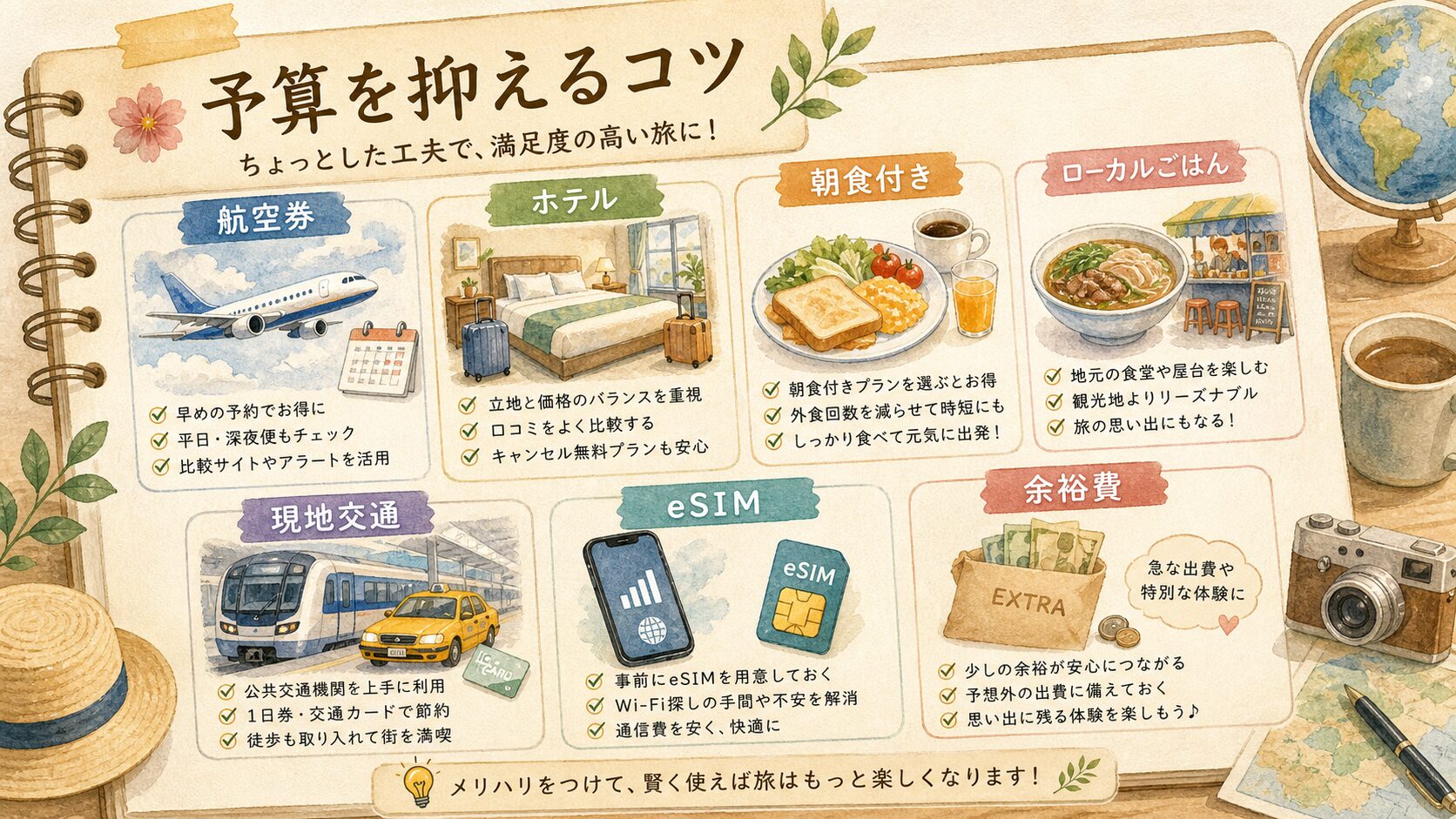 海外旅行の航空券、ホテル、食費、現地交通、eSIM、余裕費を整理した水彩図解