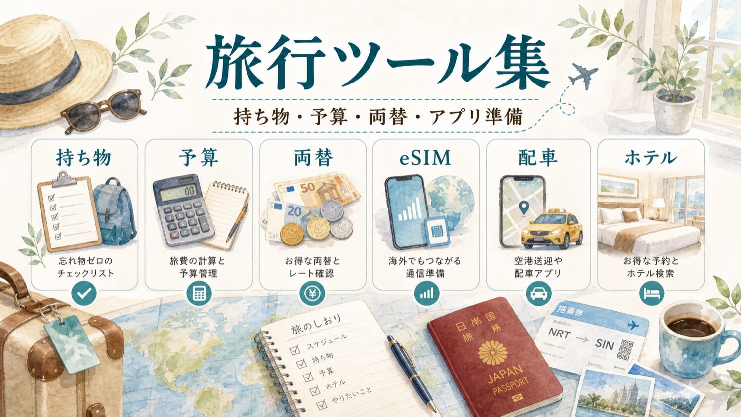 旅行ツール集 持ち物・予算・両替・アプリ準備のイメージ