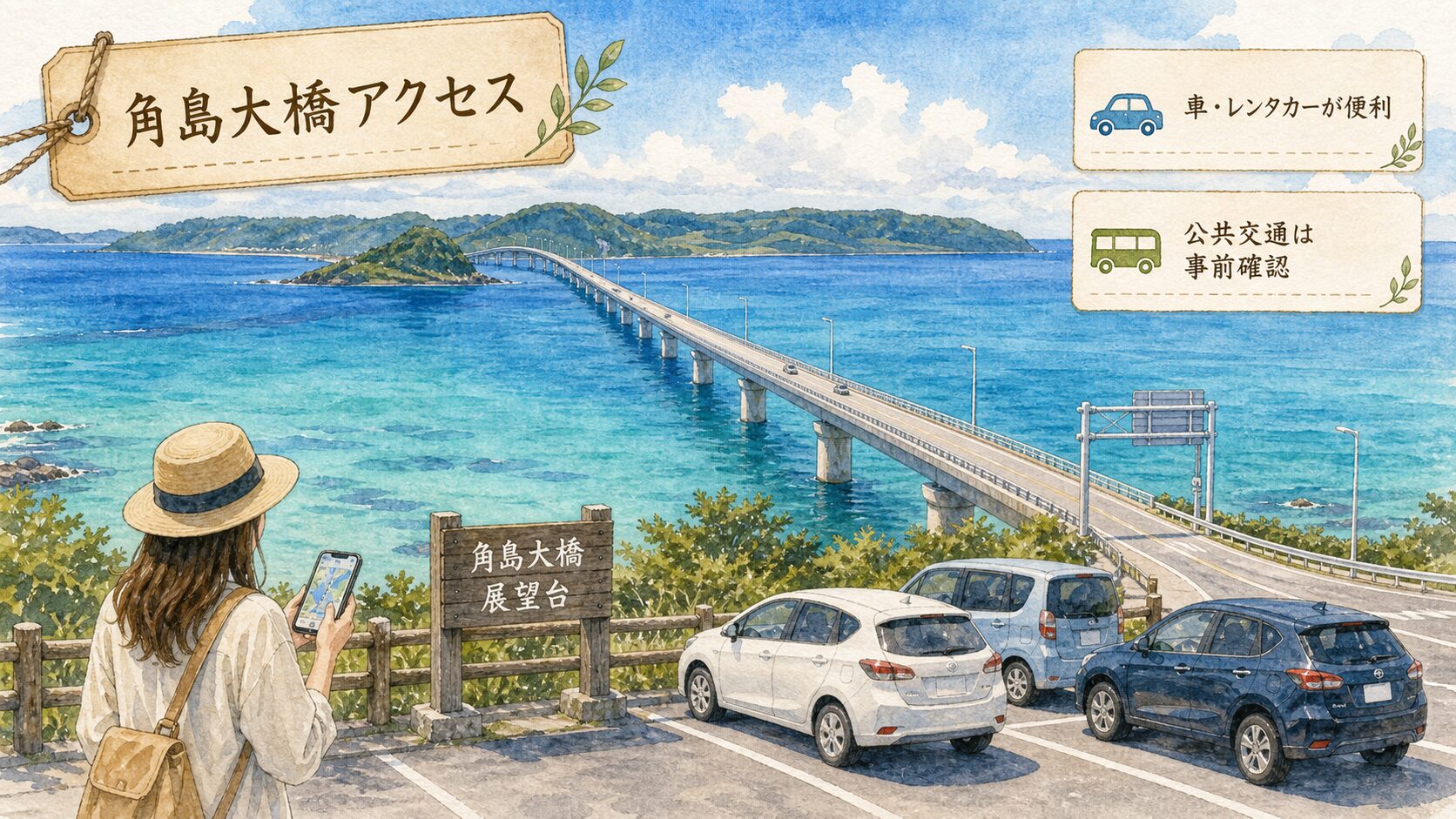 角島大橋と展望台、車やレンタカーでのアクセス、公共交通は事前確認が必要なことをまとめた水彩イメージ