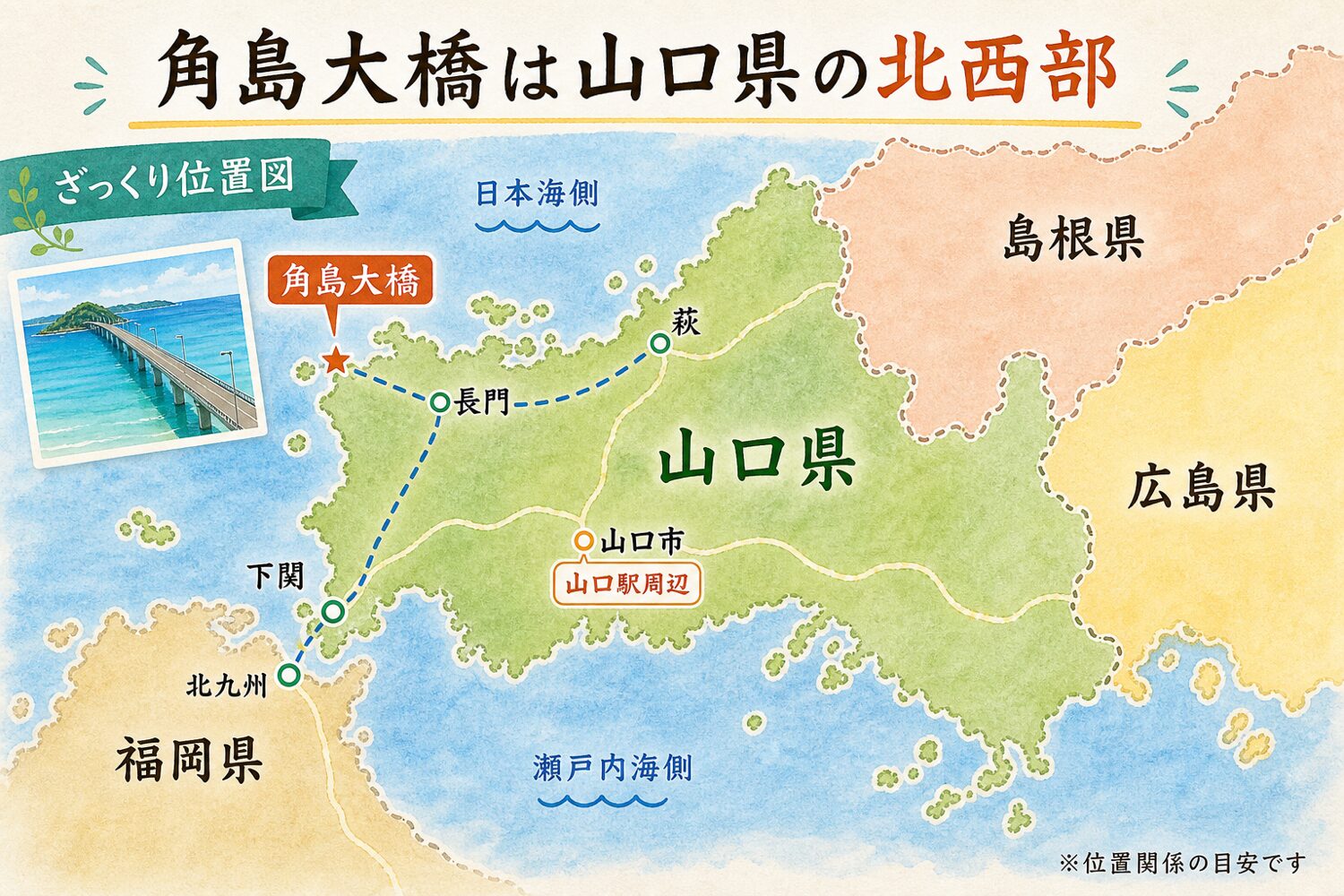角島大橋が山口県北西部にあることを示すざっくり位置図