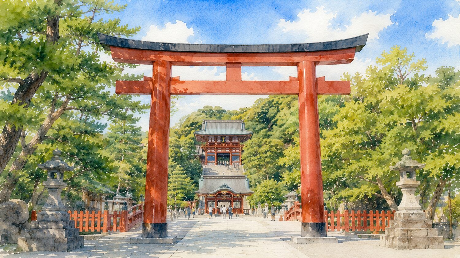 鶴岡八幡宮の大鳥居と参道を水彩タッチで描いたイメージ