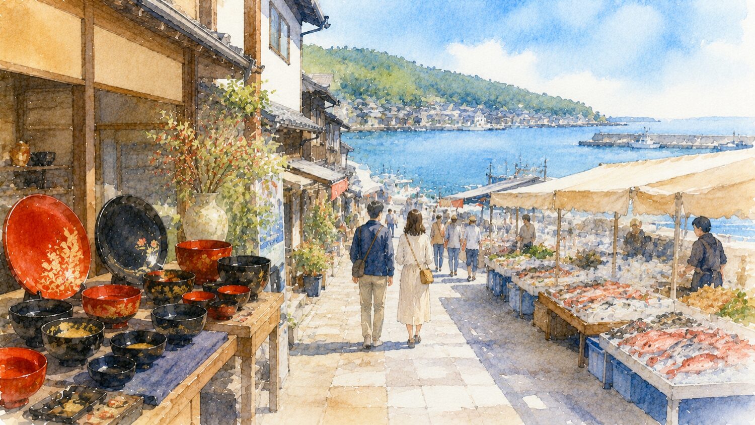 輪島の街歩きと朝市や輪島塗の雰囲気を水彩タッチで描いたイメージ