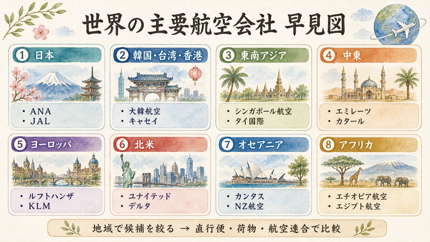 世界の主要航空会社を地域別に整理した早見図