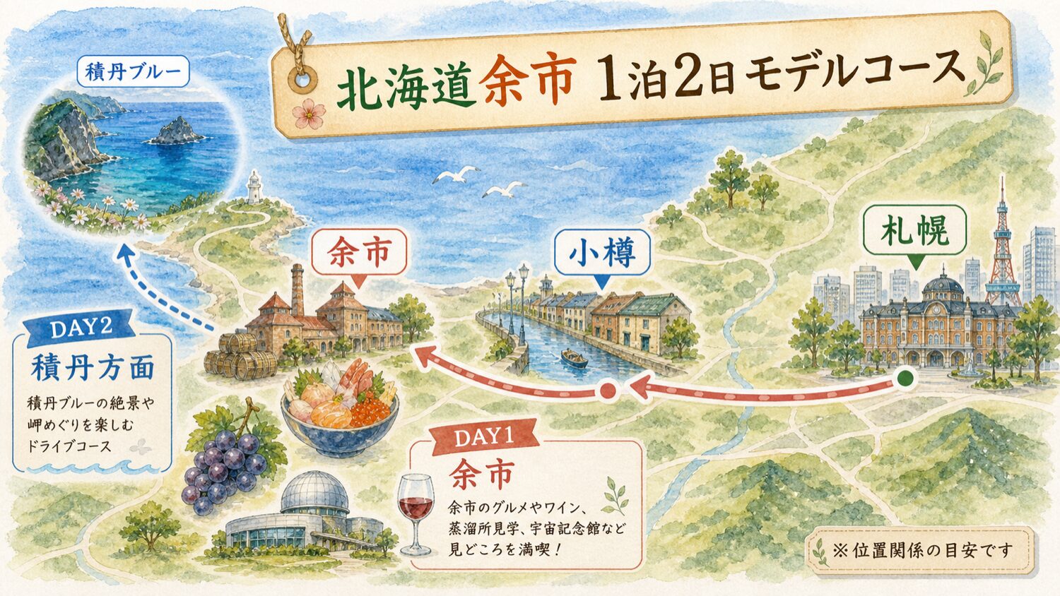札幌、小樽、余市、積丹ブルーの位置関係と1泊2日モデルコースを示した水彩マップ