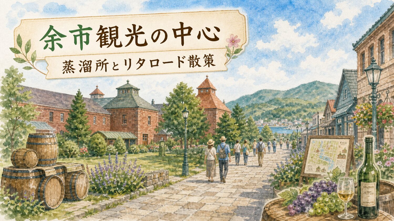 余市観光の中心となる赤レンガ風の蒸溜所とリタロード散策を描いた水彩イラスト