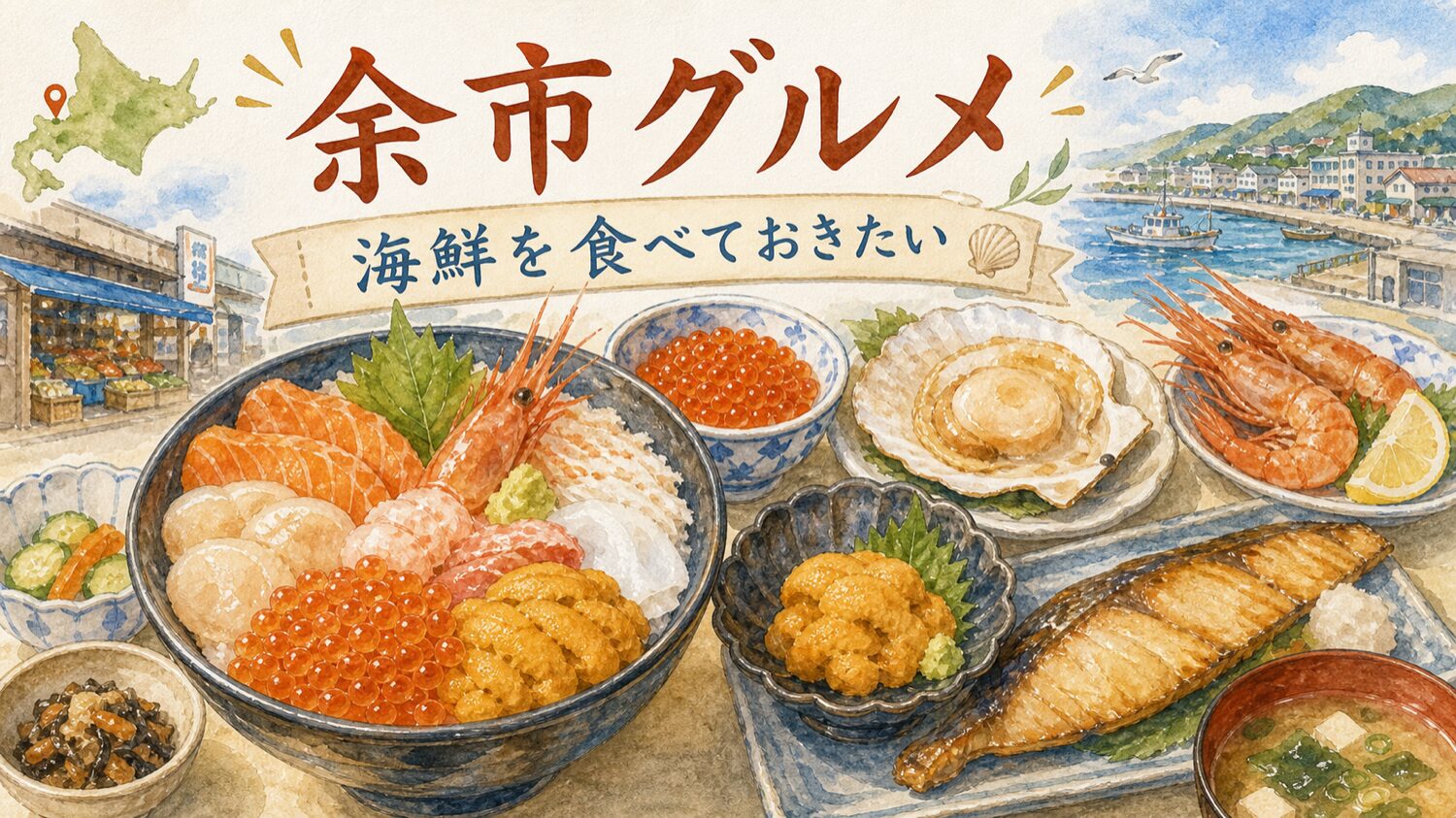 余市で食べたい海鮮丼やホタテ、エビ、ウニなどの海鮮グルメを描いた水彩イラスト