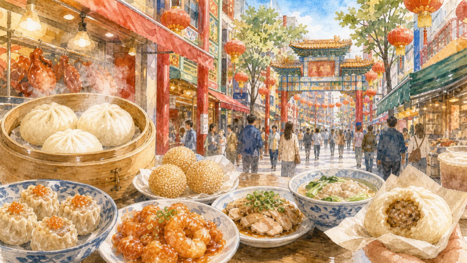 横浜中華街の肉まん、小籠包、ごま団子などの食べ歩きを水彩タッチで描いたイメージ